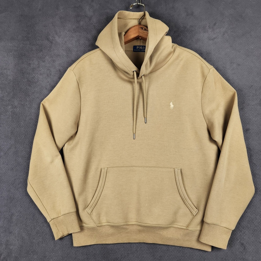 Polo Ralph Lauren Double Knit Hoodie Mens Medium Tan Pony Pullover Sweatshirt